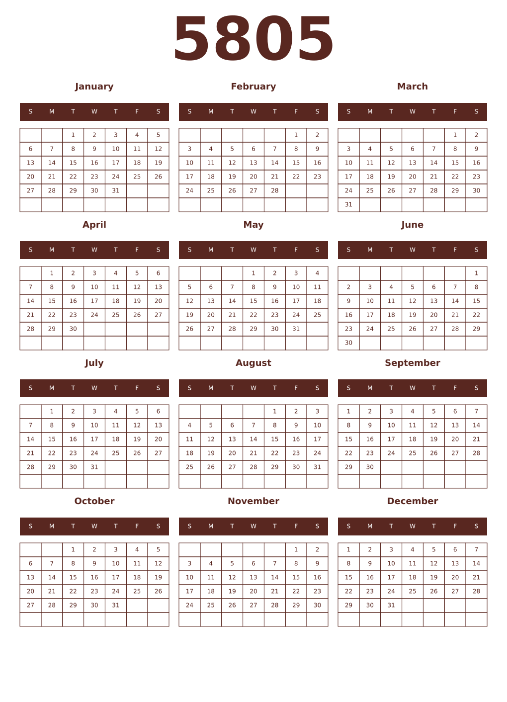 Printable 5805 Year Calendars mortuum