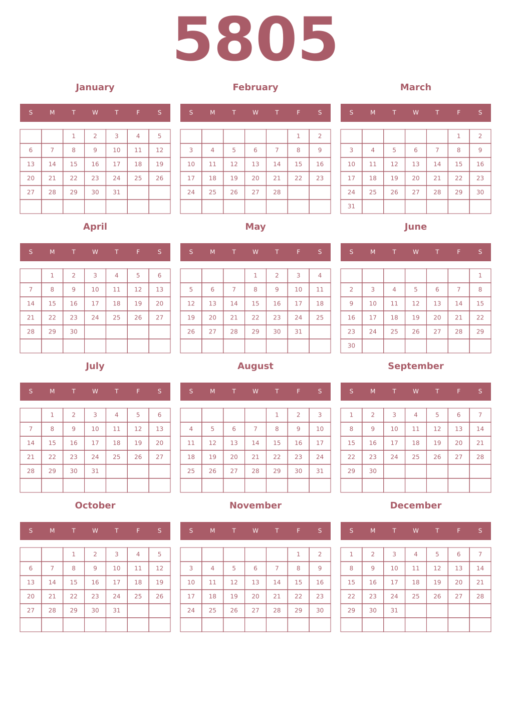 Printable 5805 Year Calendars puce