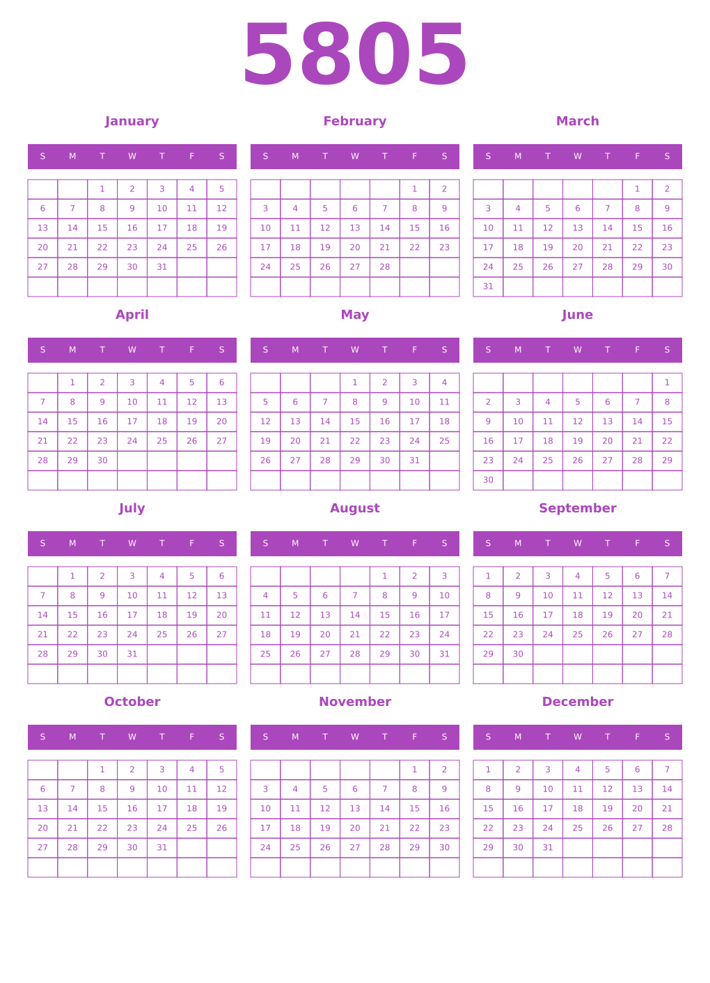 Printable 5805 Year Calendars purple