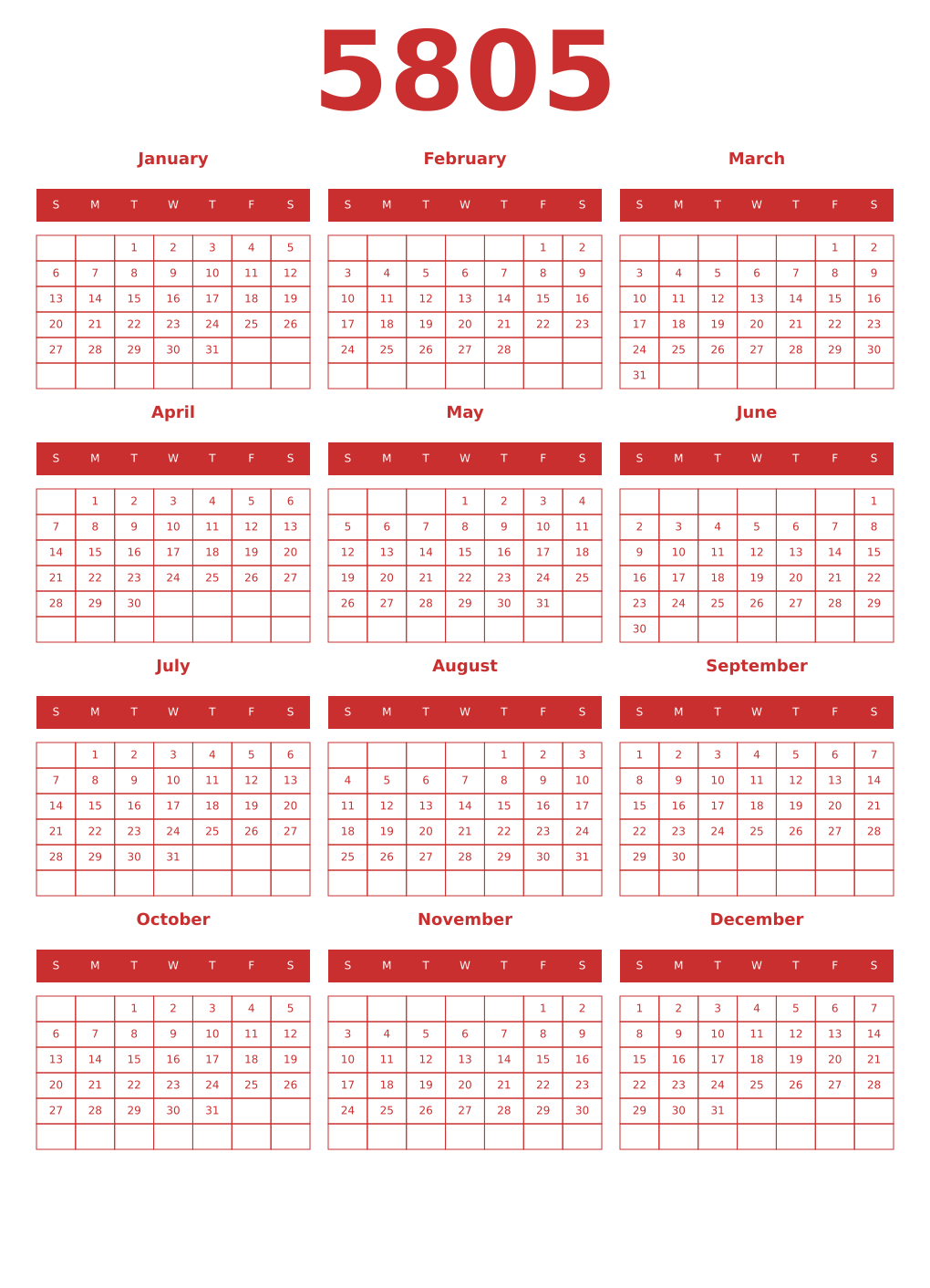 Printable 5805 Year Calendars red
