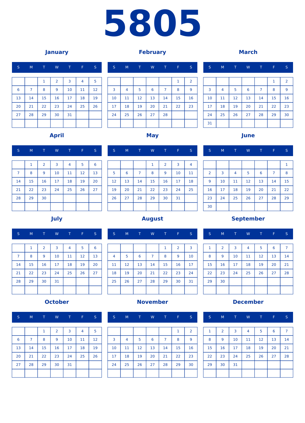 Printable 5805 Year Calendars smalt