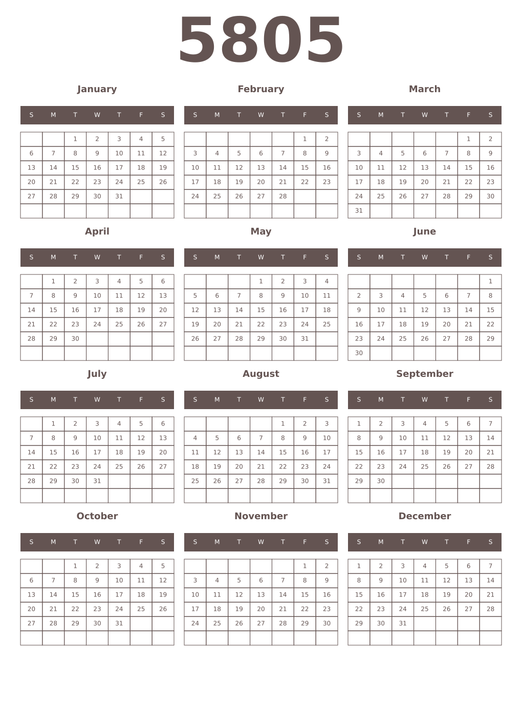 Printable 5805 Year Calendars wenge