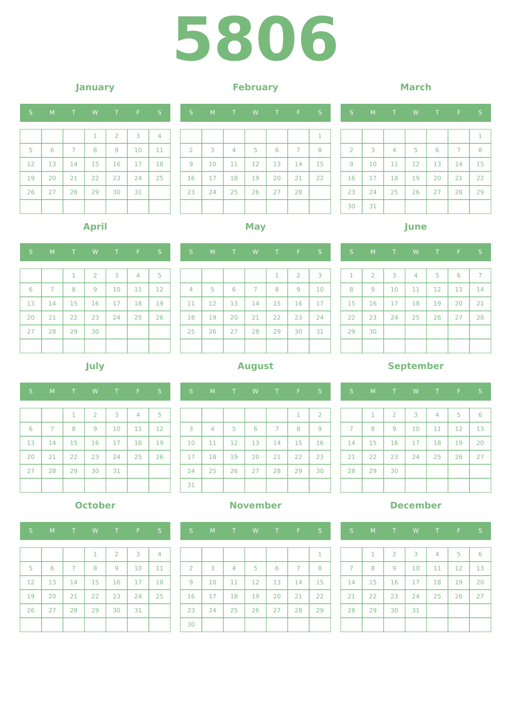 Printable 5806 Year Calendars celadon