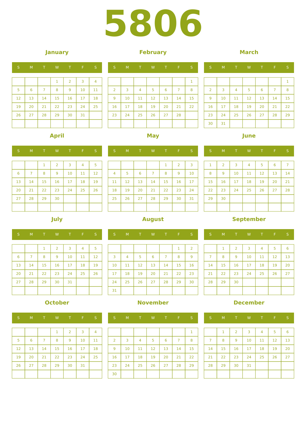 Printable 5806 Year Calendars chartreuse