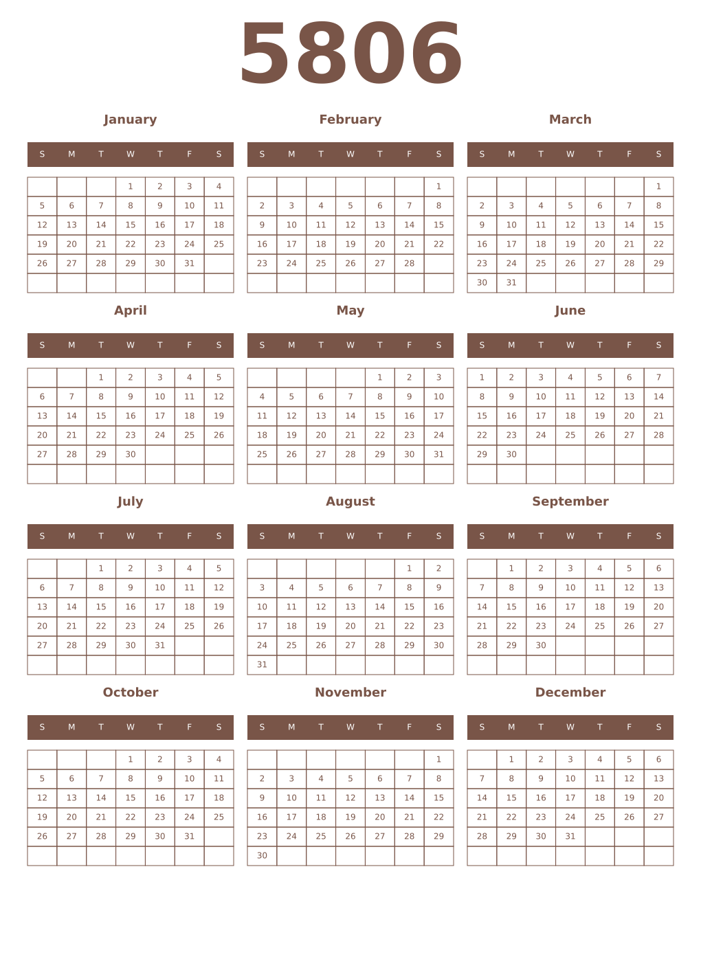 Printable 5806 Year Calendars coffe