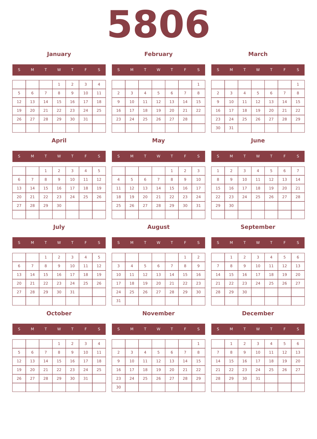 Printable 5806 Year Calendars cordovan