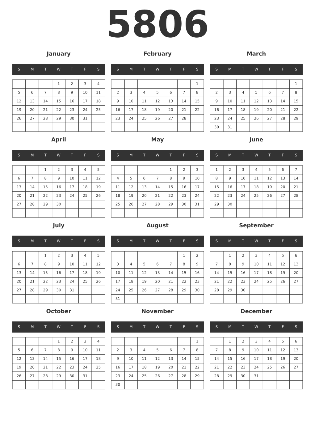 Printable 5806 Year Calendars dark