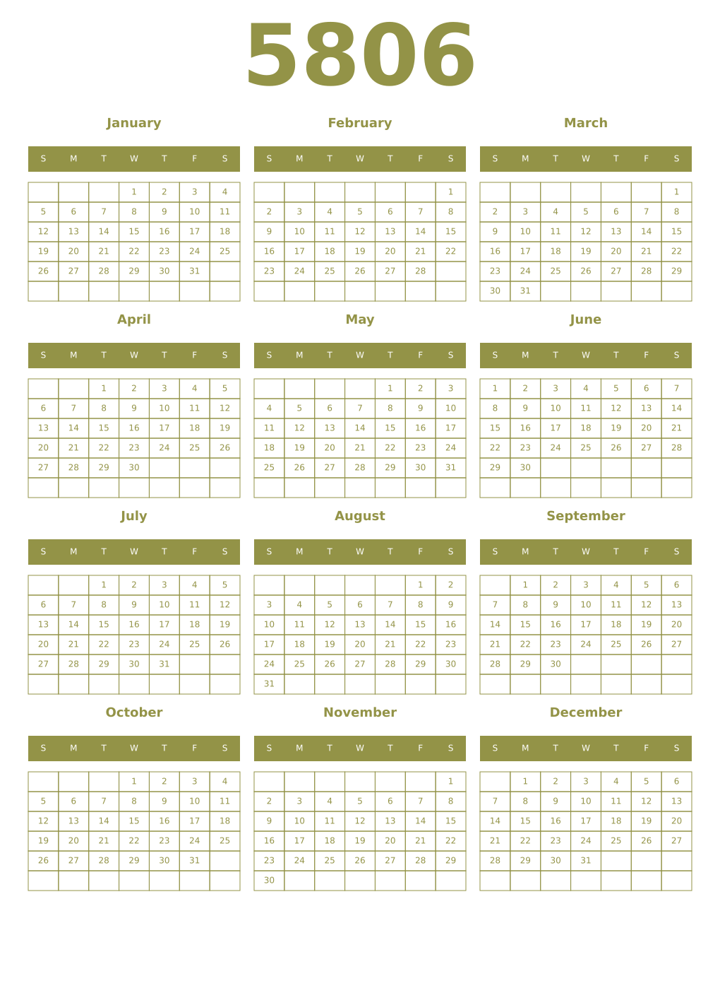 Printable 5806 Year Calendars eburnean