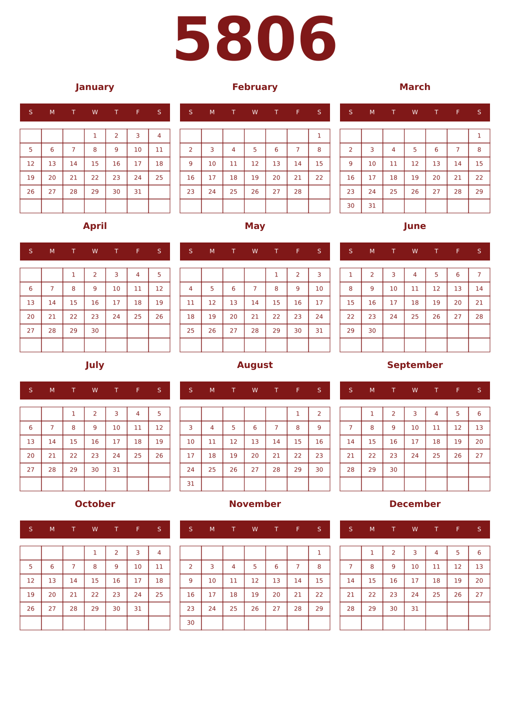 Printable 5806 Year Calendars falu