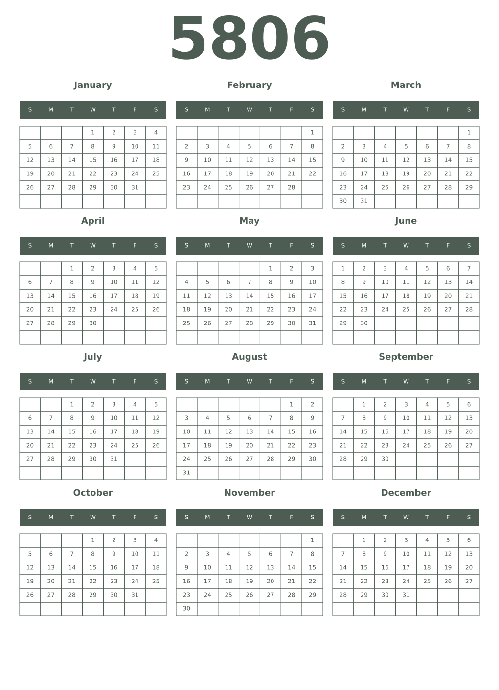 Printable 5806 Year Calendars feldgrau