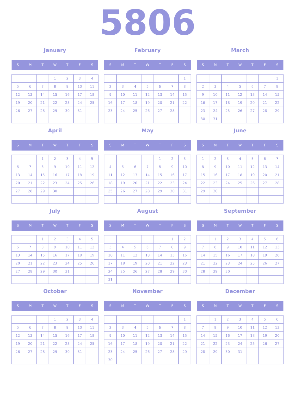 Printable 5806 Year Calendars periwinkle