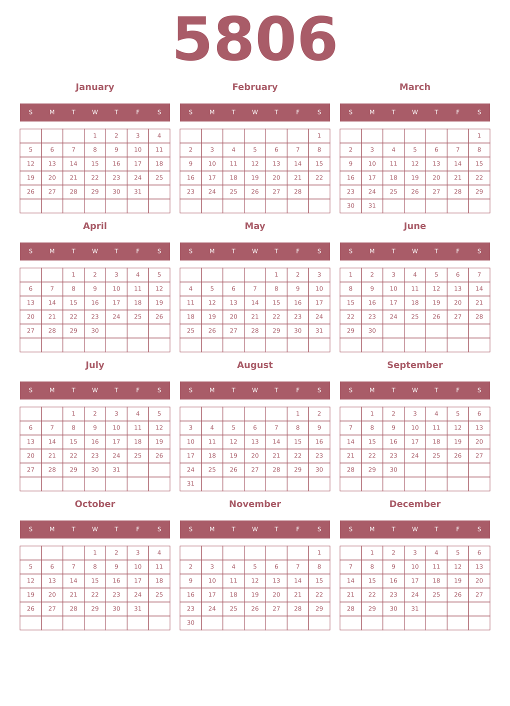 Printable 5806 Year Calendars puce