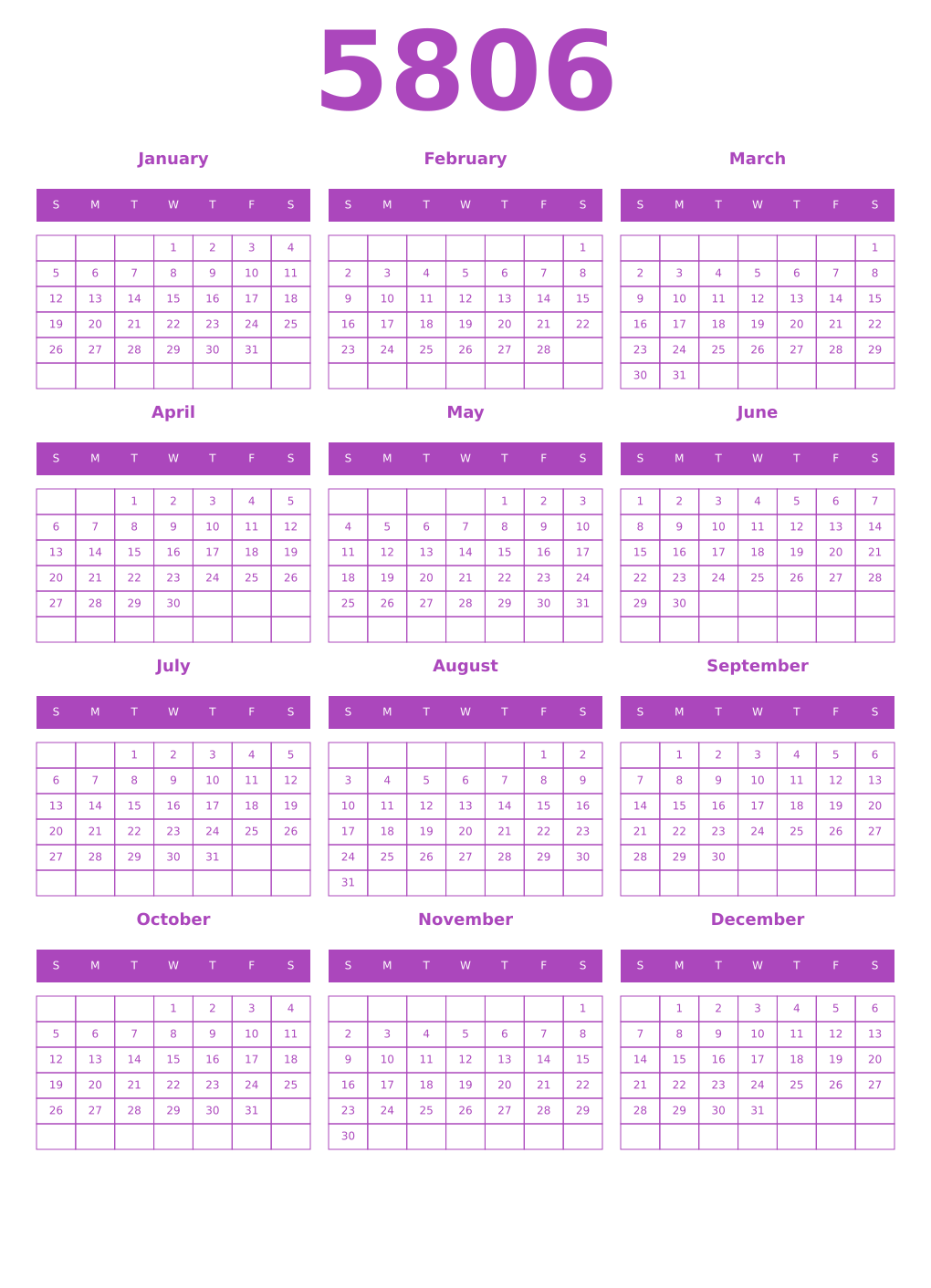 Printable 5806 Year Calendars purple
