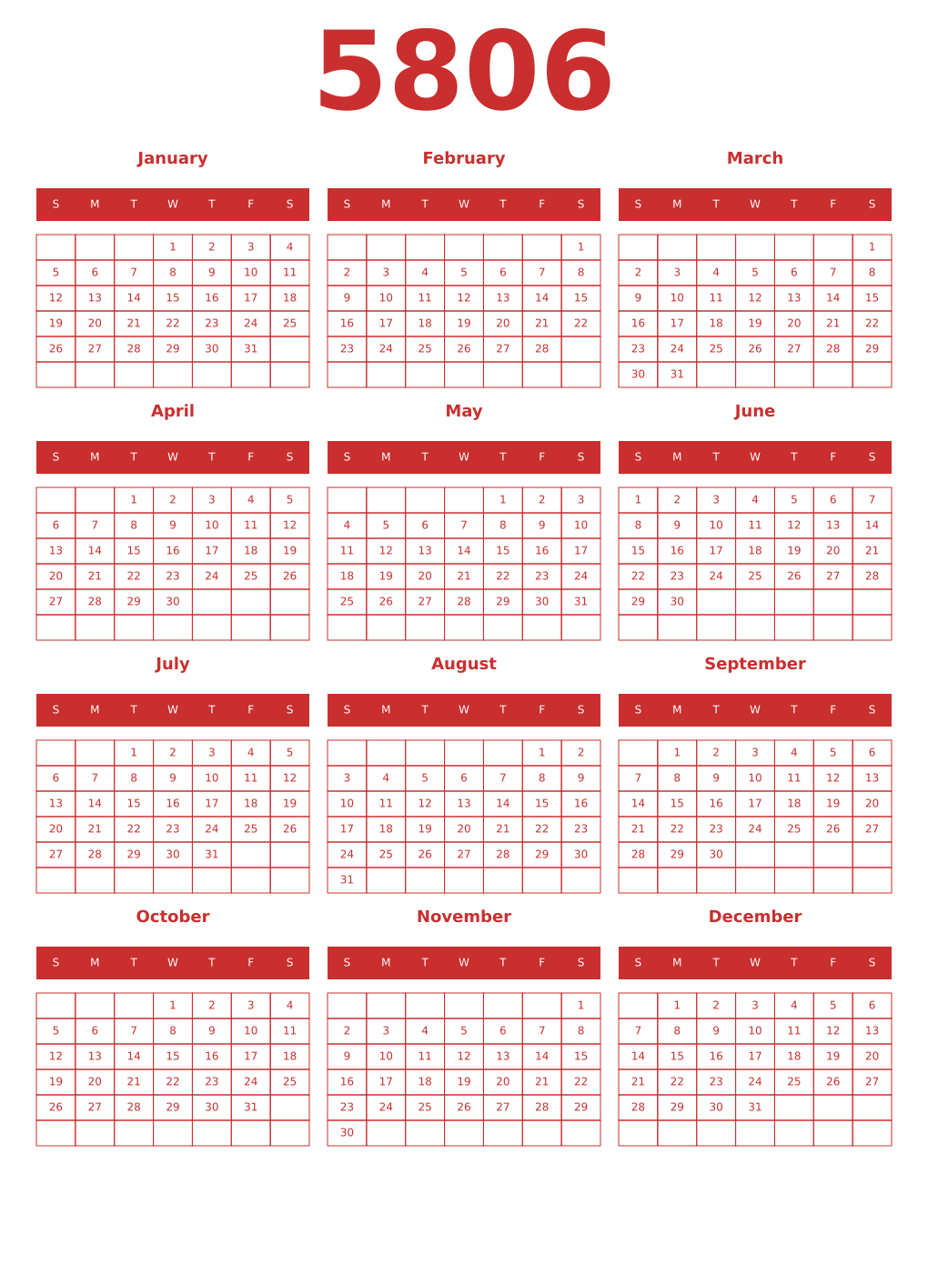 Printable 5806 Year Calendars red