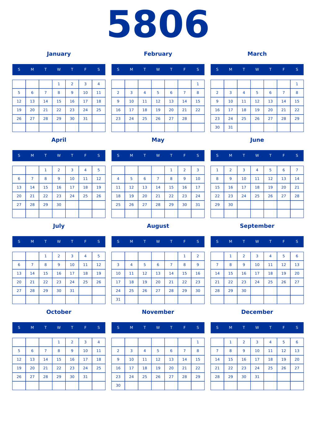 Printable 5806 Year Calendars smalt
