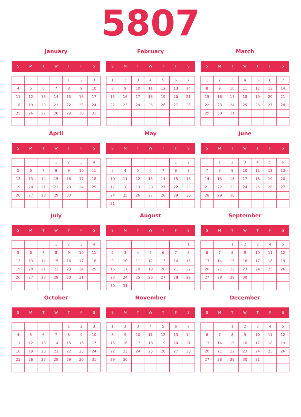 Printable 5807 Year Calendars amaranth