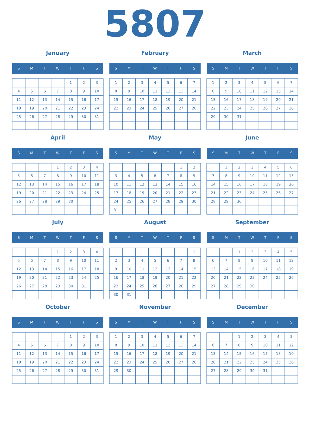 Printable 5807 Year Calendars blue