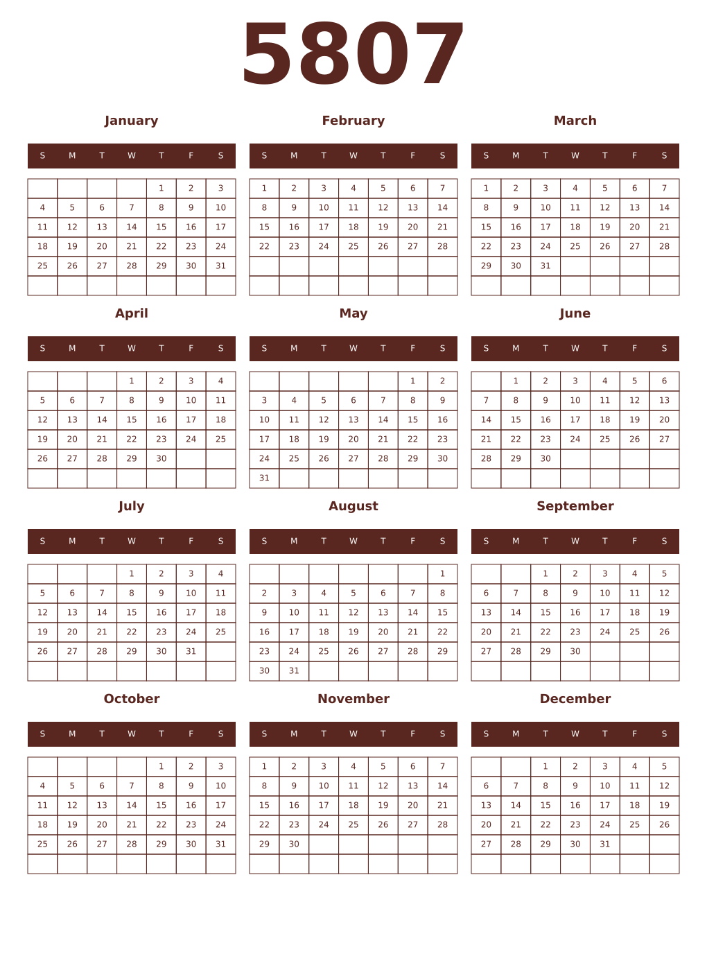 Printable 5807 Year Calendars mortuum