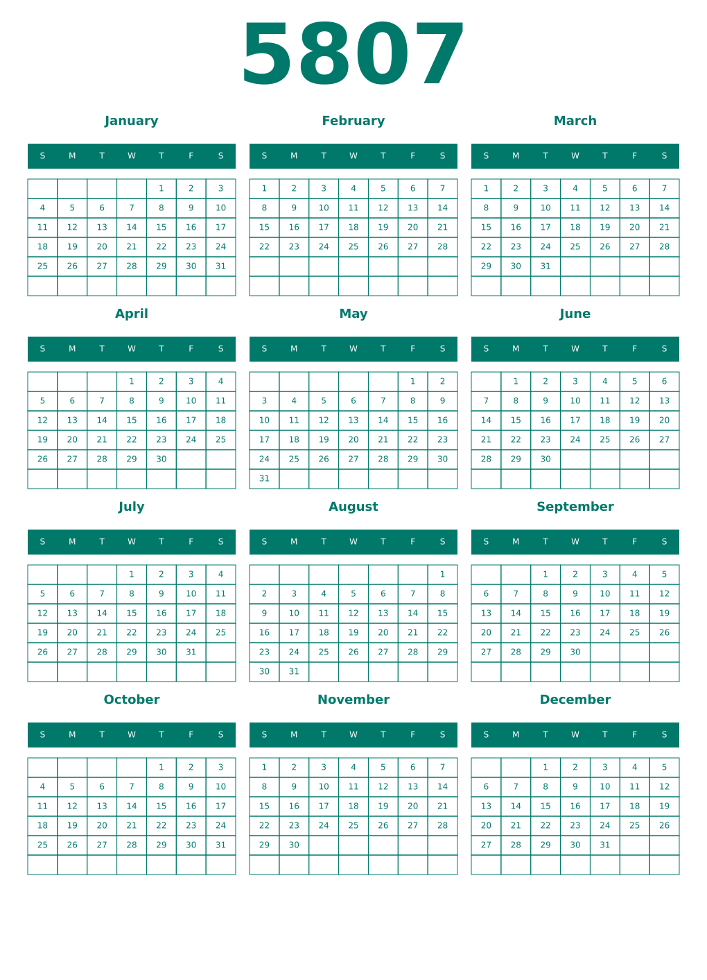 Printable 5807 Year Calendars pastel