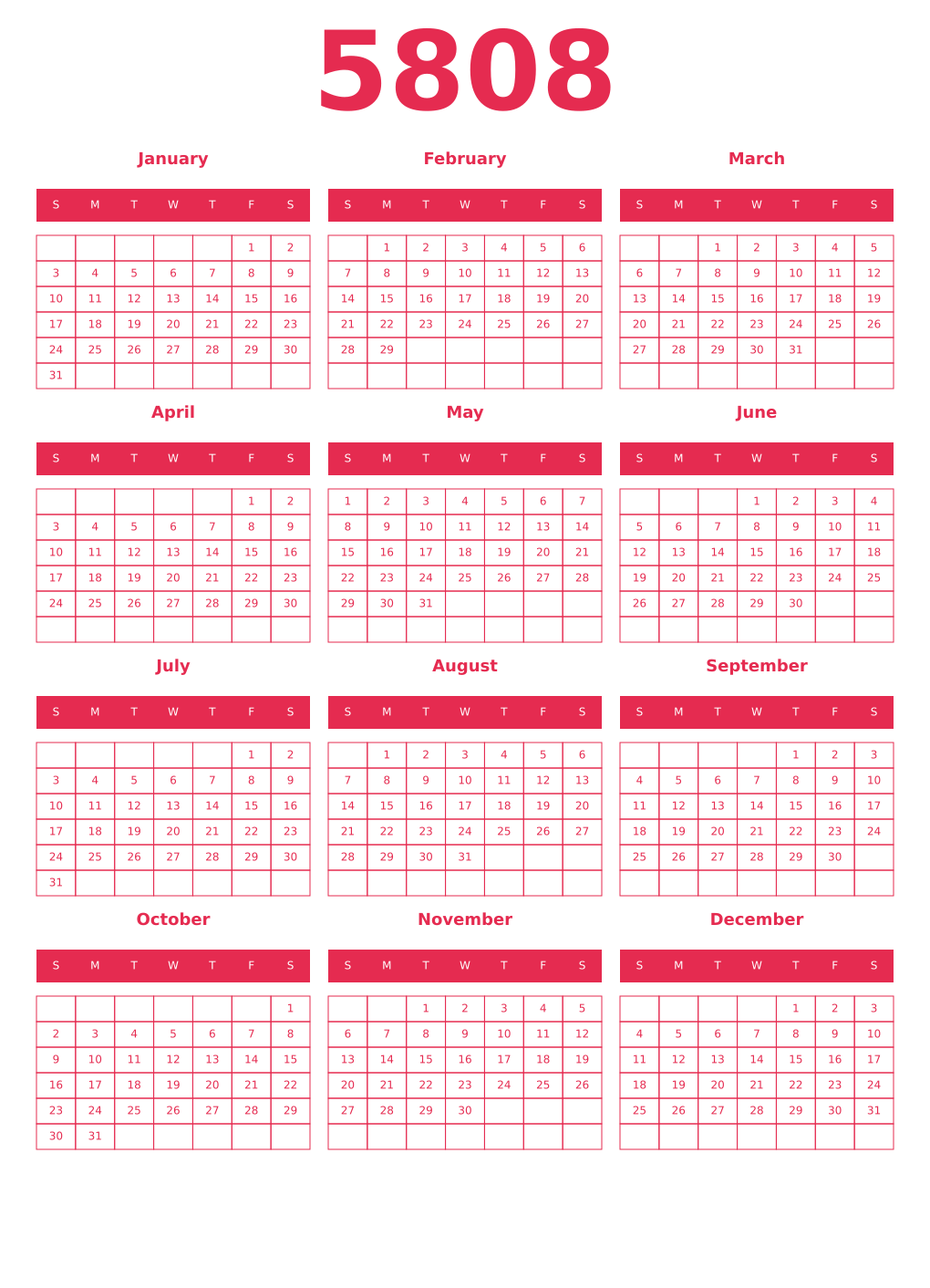 Printable 5808 Year Calendars amaranth