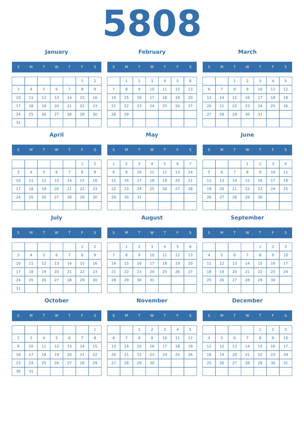 Printable 5808 Year Calendars blue