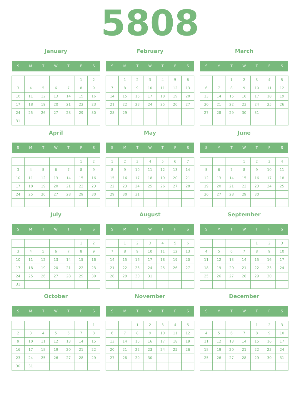 Printable 5808 Year Calendars celadon
