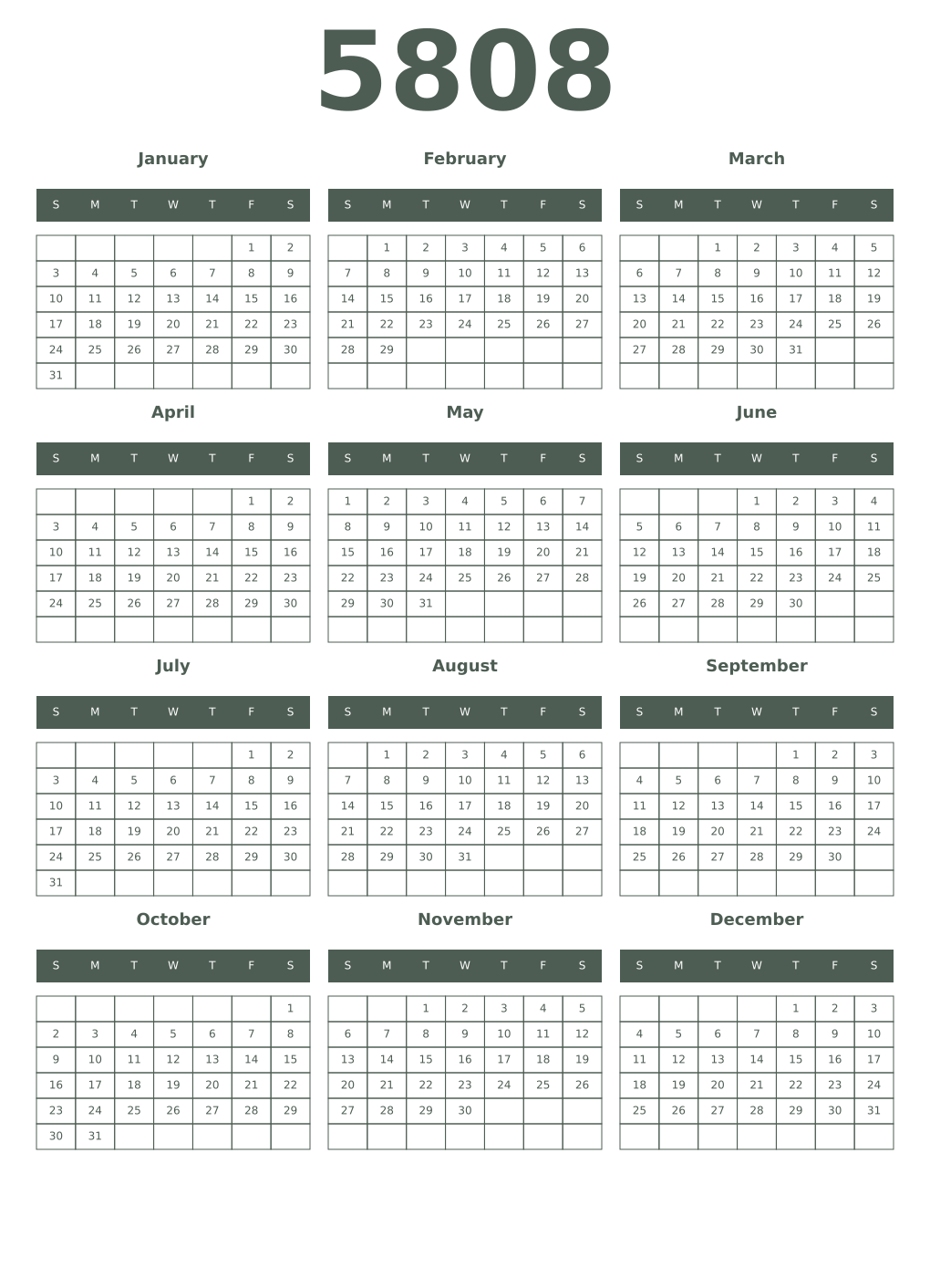 Printable 5808 Year Calendars feldgrau