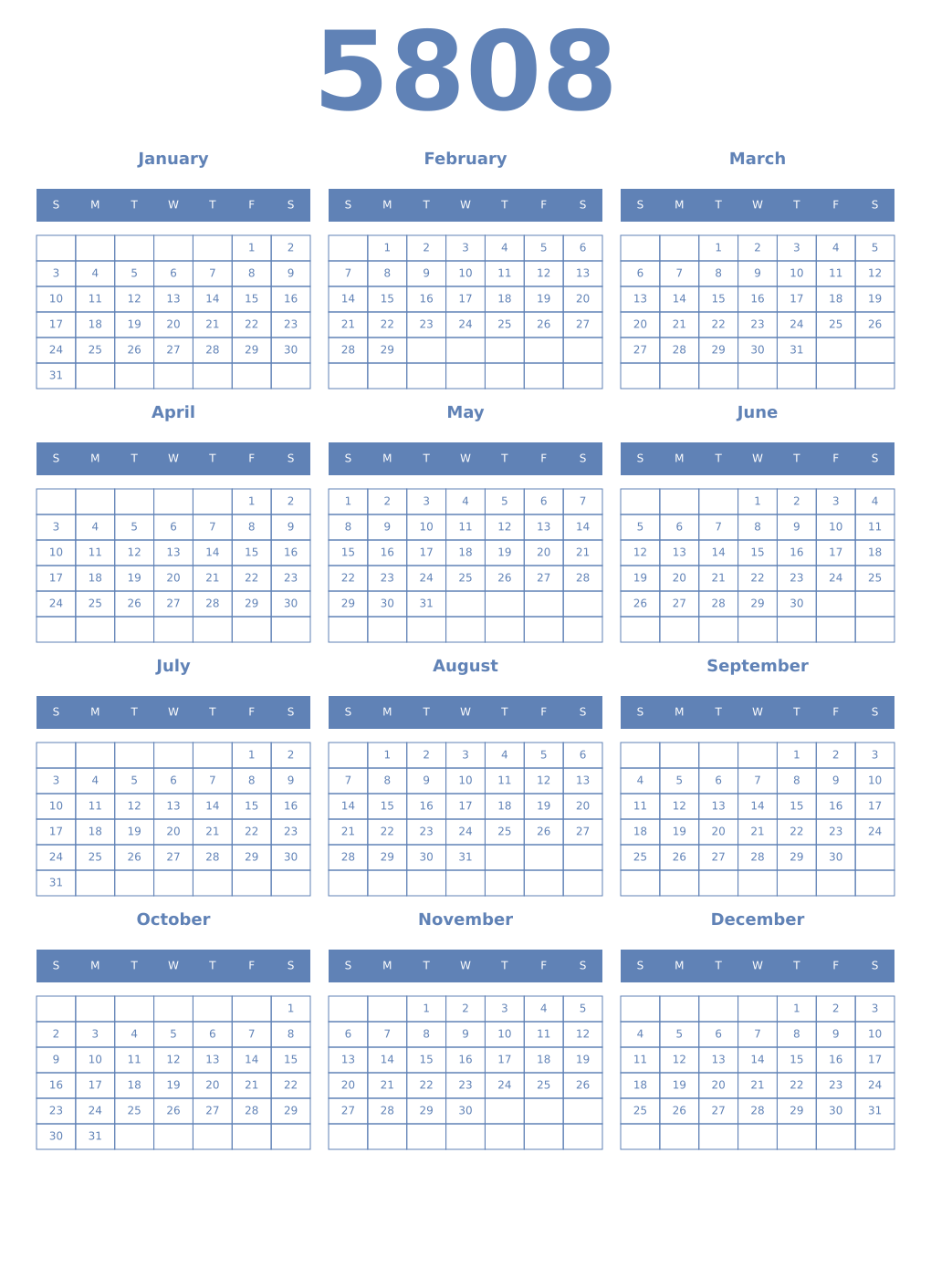 Printable 5808 Year Calendars glaucous