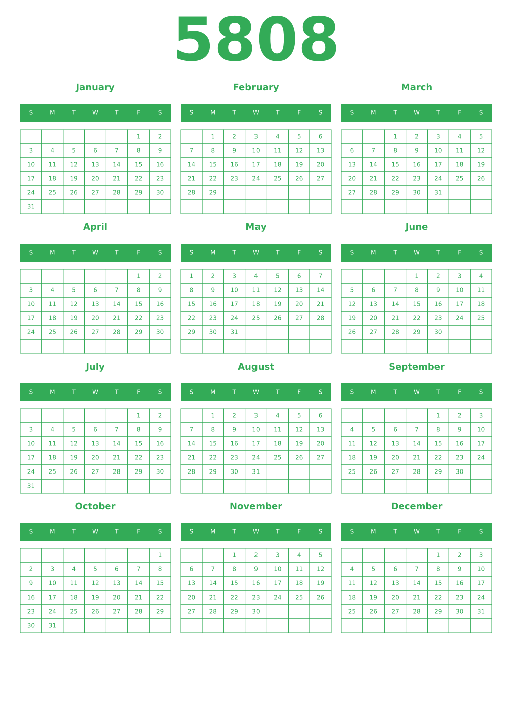 Printable 5808 Year Calendars green