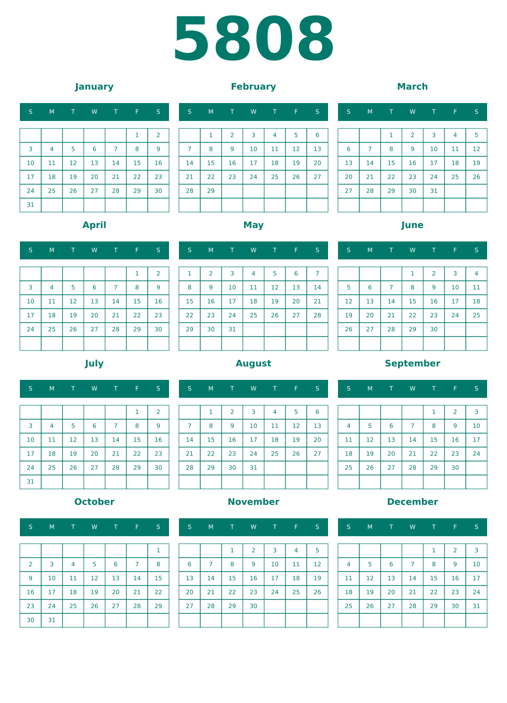 Printable 5808 Year Calendars pastel