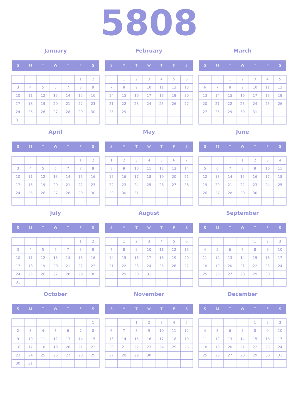 Printable 5808 Year Calendars periwinkle