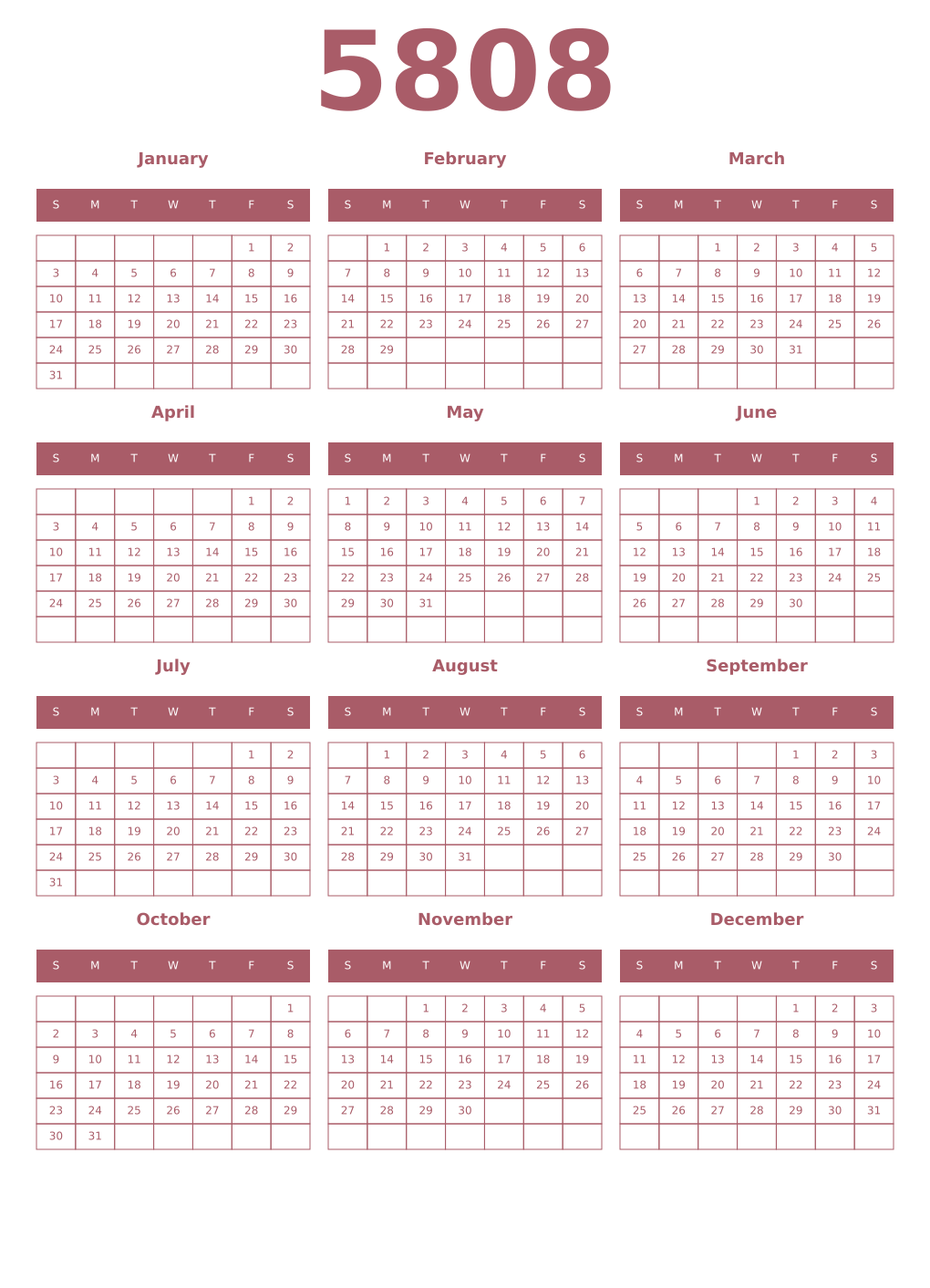 Printable 5808 Year Calendars puce
