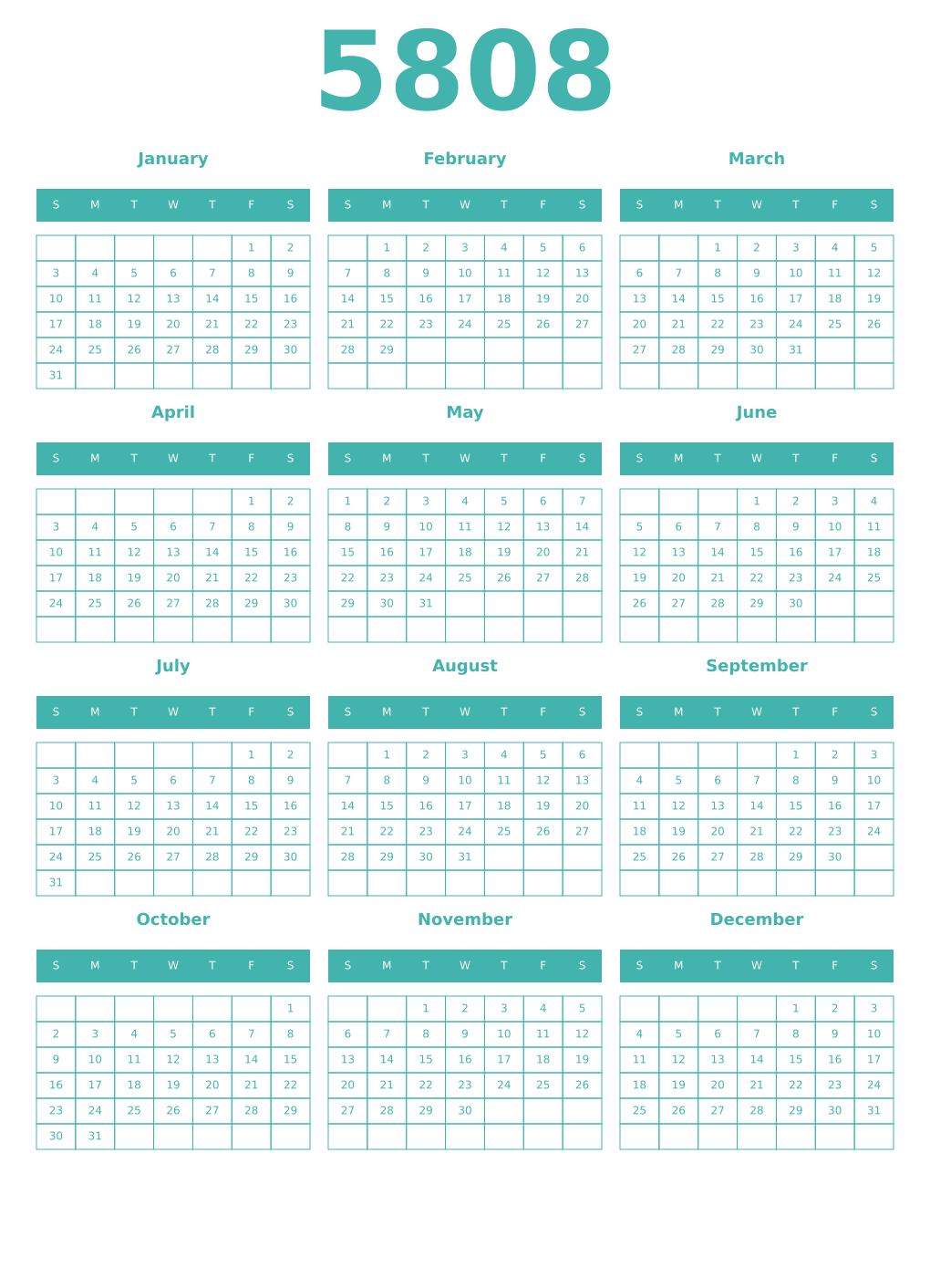 Printable 5808 Year Calendars verdigris