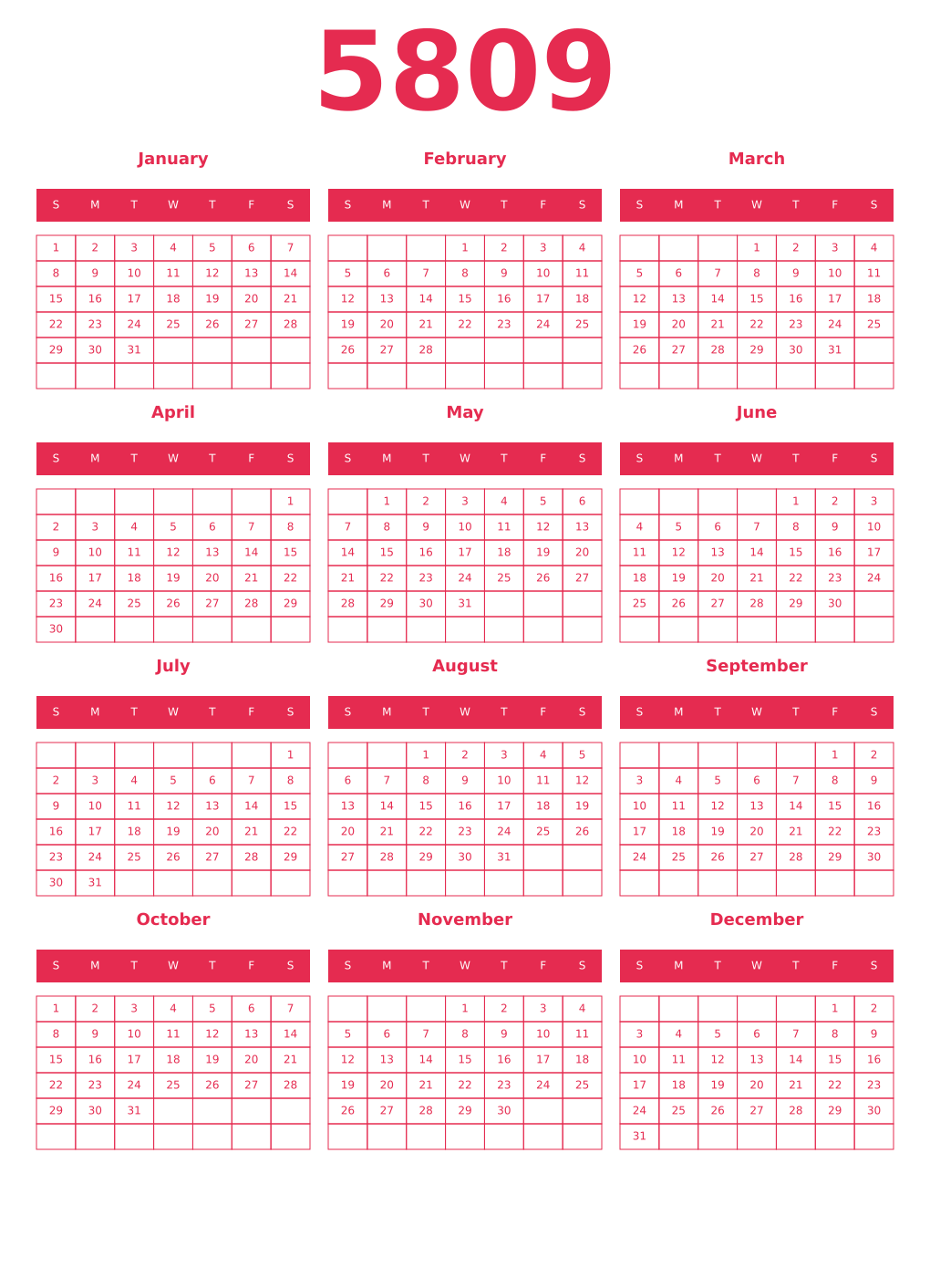 Printable 5809 Year Calendars amaranth