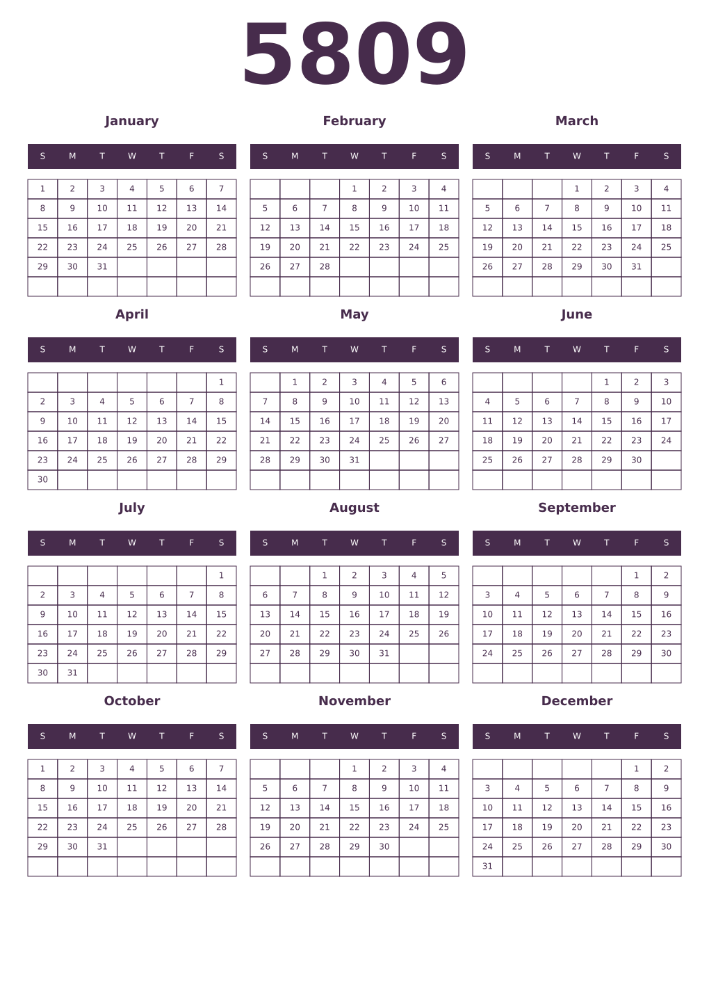 Printable 5809 Year Calendars aubergine