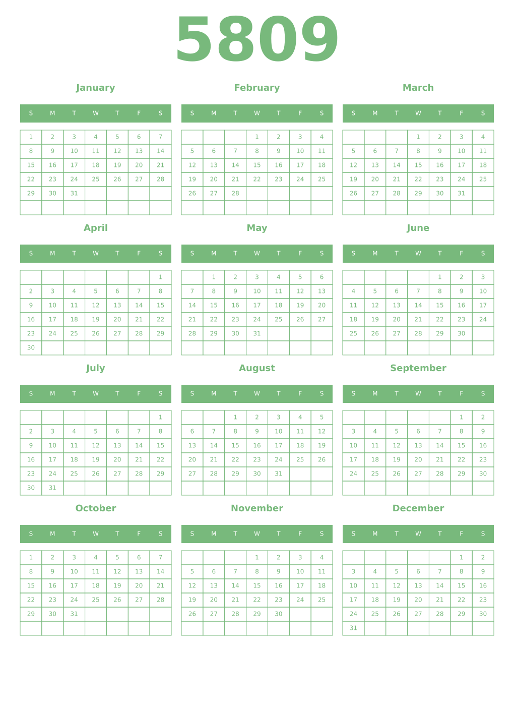 Printable 5809 Year Calendars celadon