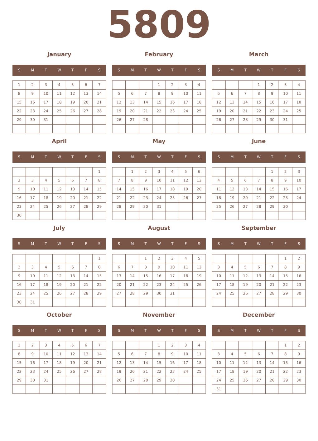 Printable 5809 Year Calendars coffe