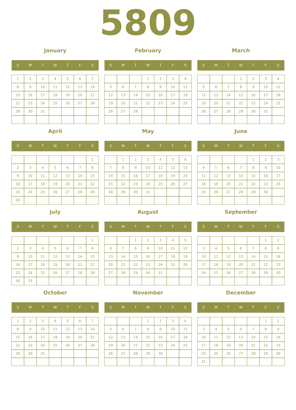 Printable 5809 Year Calendars eburnean