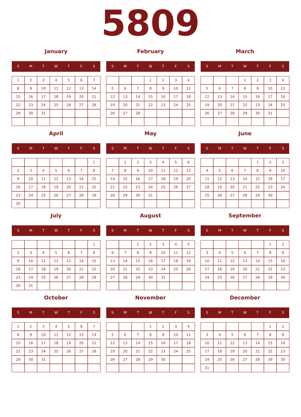 Printable 5809 Year Calendars falu