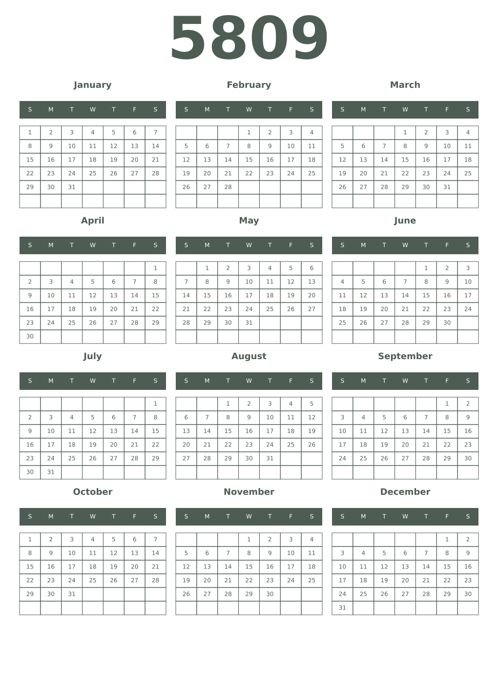 Printable 5809 Year Calendars feldgrau
