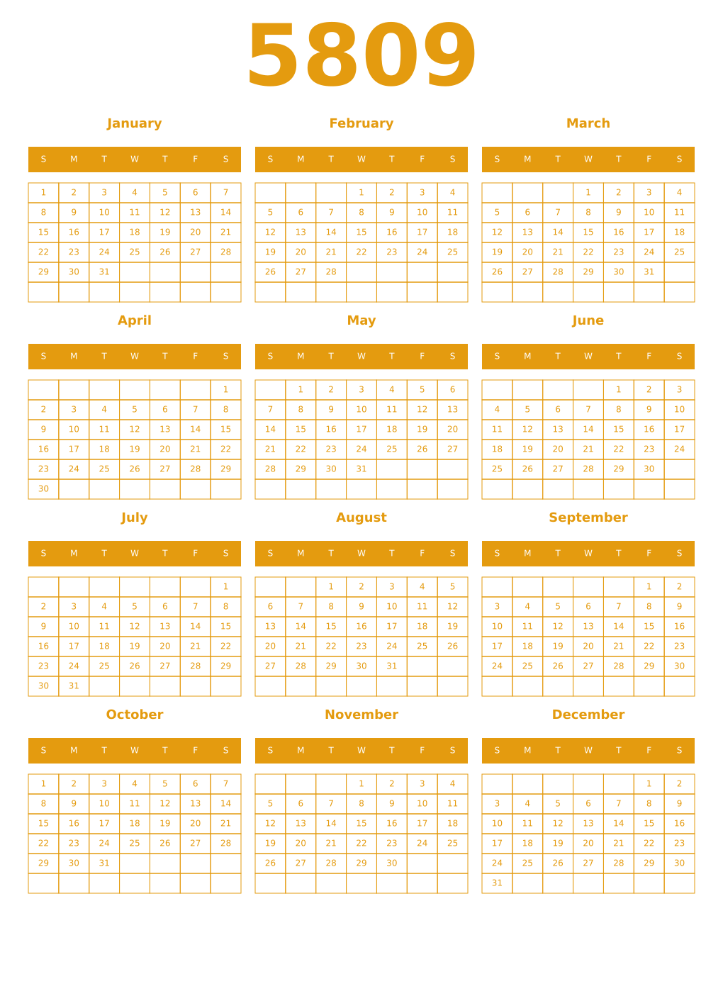 Printable 5809 Year Calendars gamboge