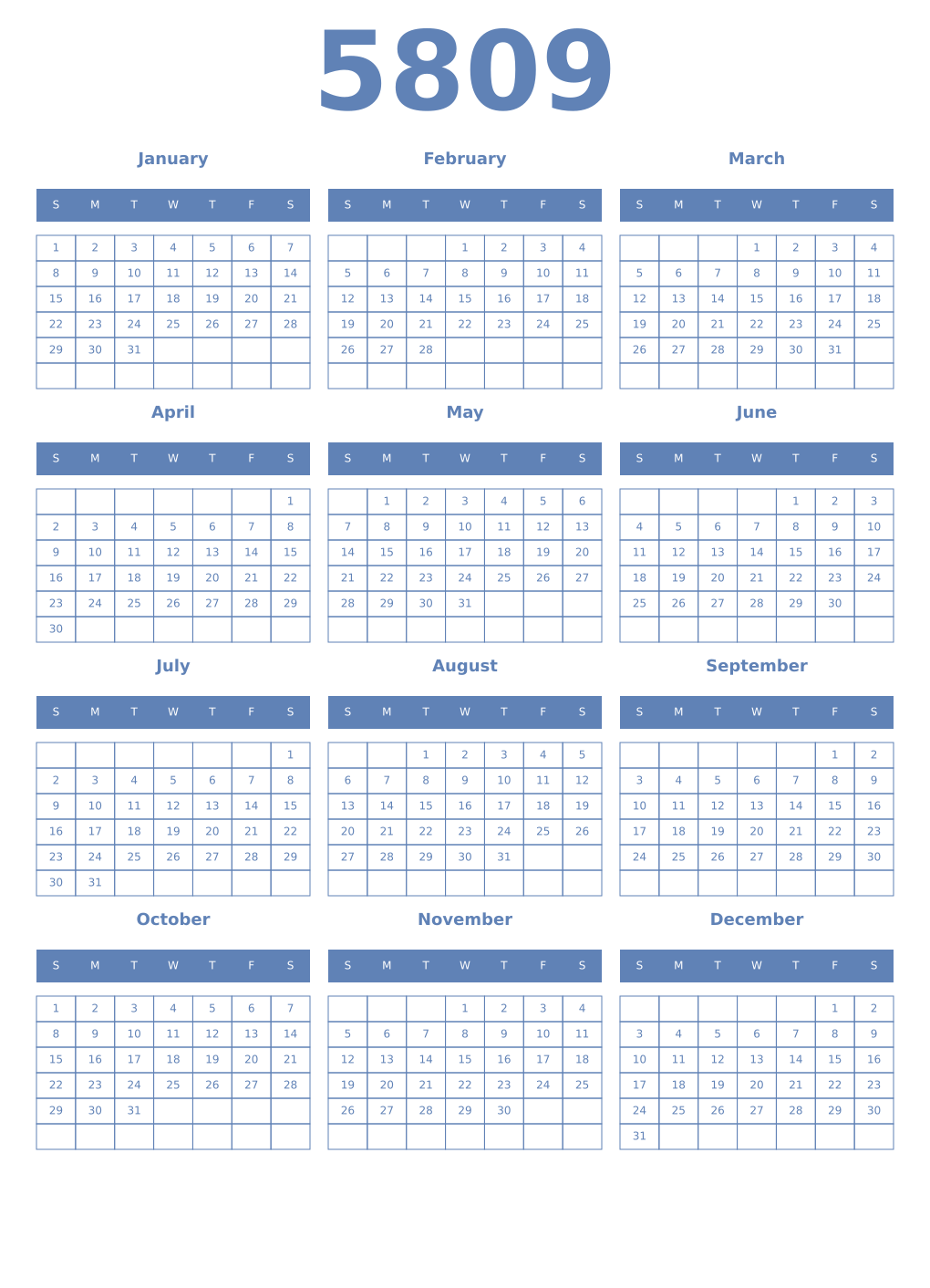 Printable 5809 Year Calendars glaucous