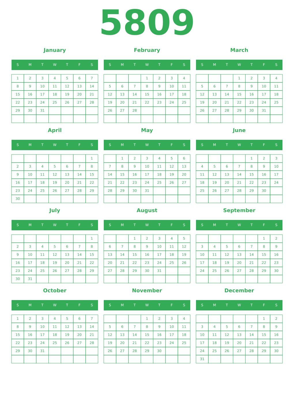 Printable 5809 Year Calendars green
