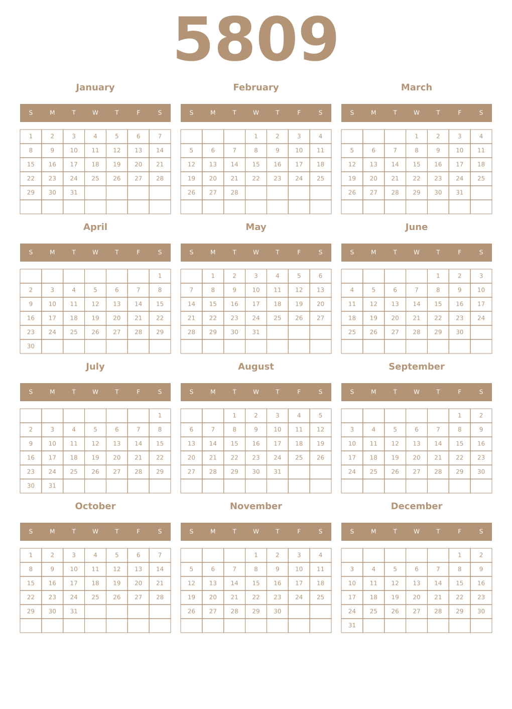 Printable 5809 Year Calendars isabelline