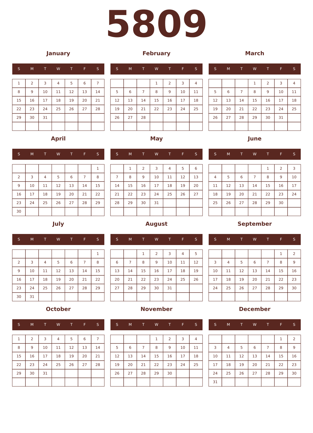 Printable 5809 Year Calendars mortuum