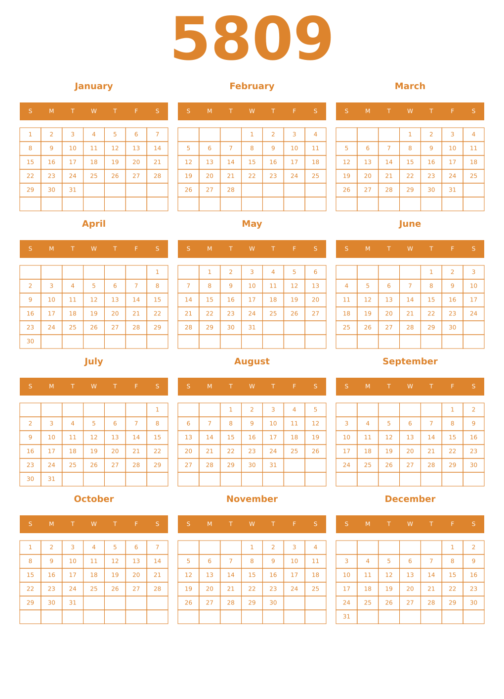Printable 5809 Year Calendars orange