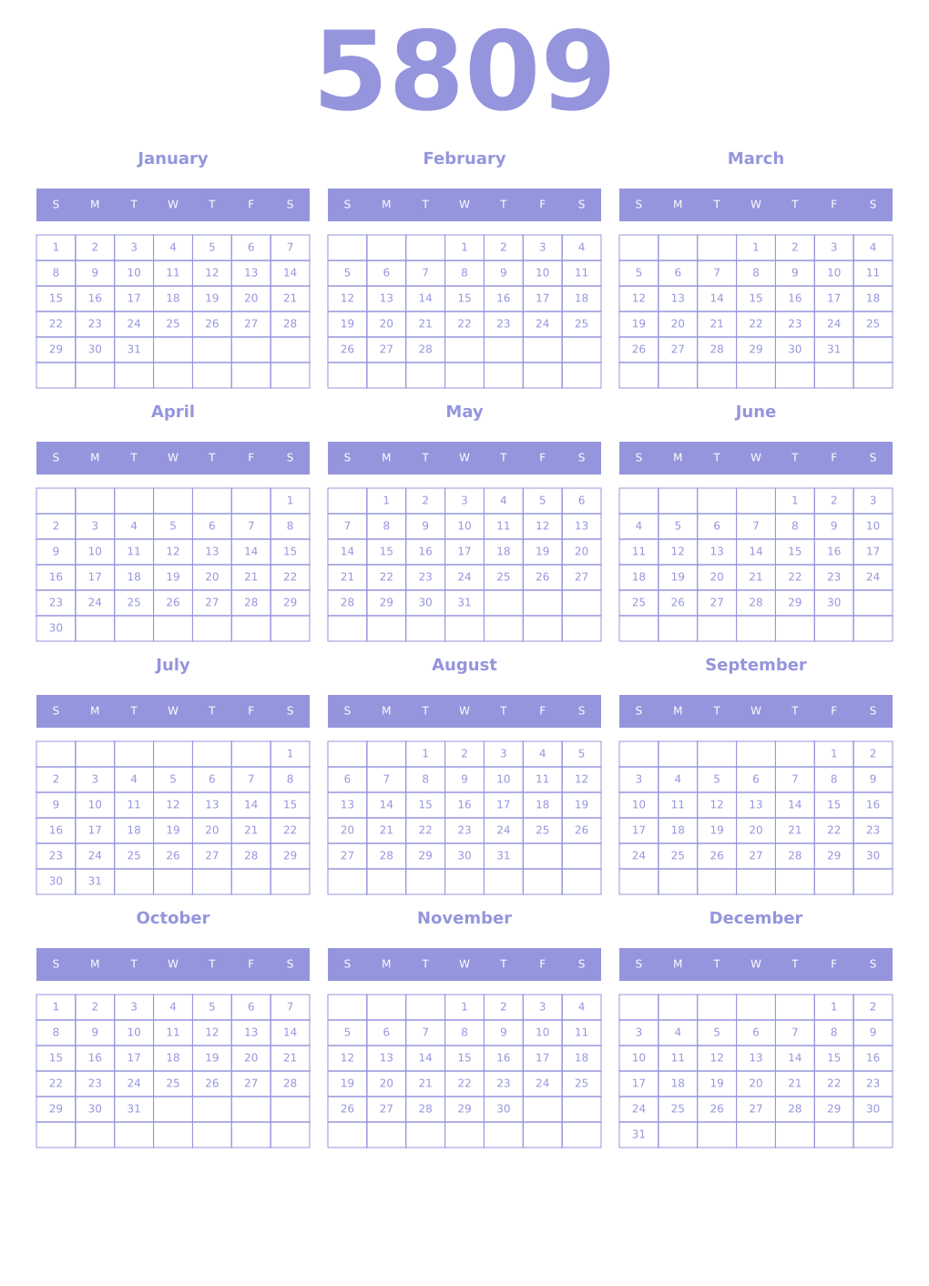 Printable 5809 Year Calendars periwinkle
