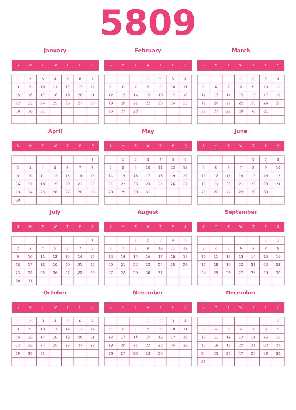 Printable 5809 Year Calendars pink