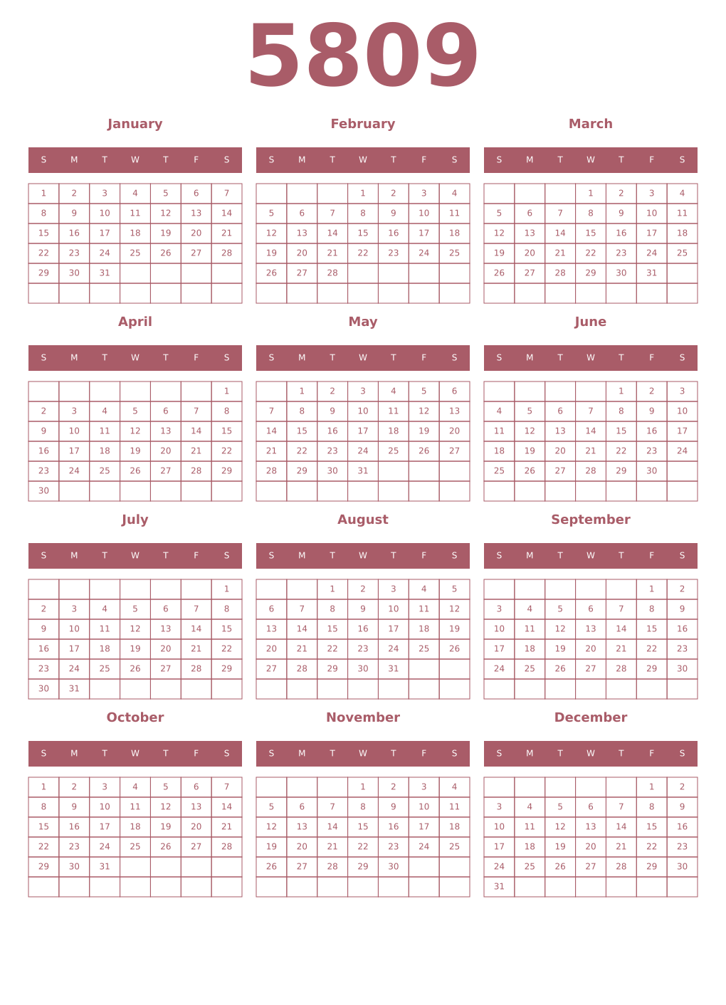 Printable 5809 Year Calendars puce