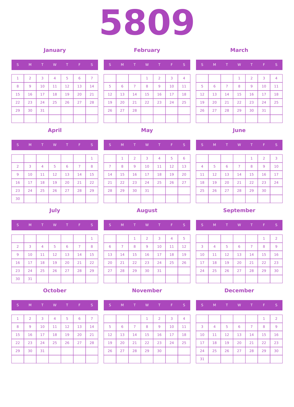 Printable 5809 Year Calendars purple